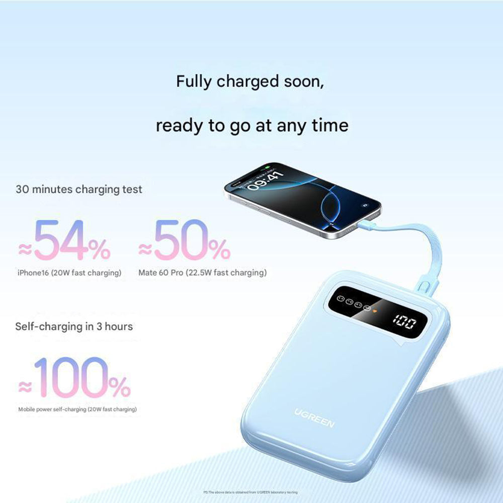 Batterie Externe UGREEN PB522, 10000mAh, 20W, QC + PD, 1 x USB-A - 1 x USB-C, Bleue