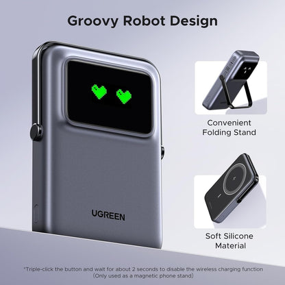 Batterie Externe Sans Fil UGREEN PB572 Uno, 10000mAh, 20W, PD + FQI, 1 x QI - 1 x USB-C, Gris