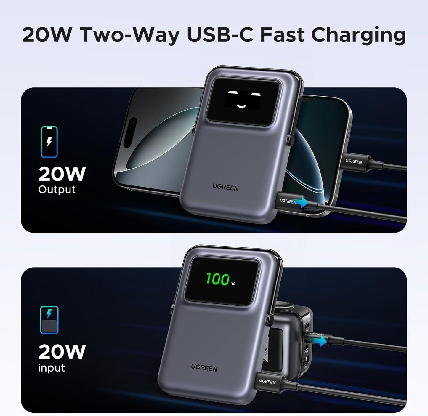 Batterie Externe Sans Fil UGREEN PB572 Uno, 10000mAh, 20W, PD + FQI, 1 x QI - 1 x USB-C, Gris