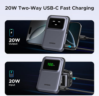 Batterie Externe Sans Fil UGREEN PB572 Uno, 10000mAh, 20W, PD + FQI, 1 x QI - 1 x USB-C, Gris
