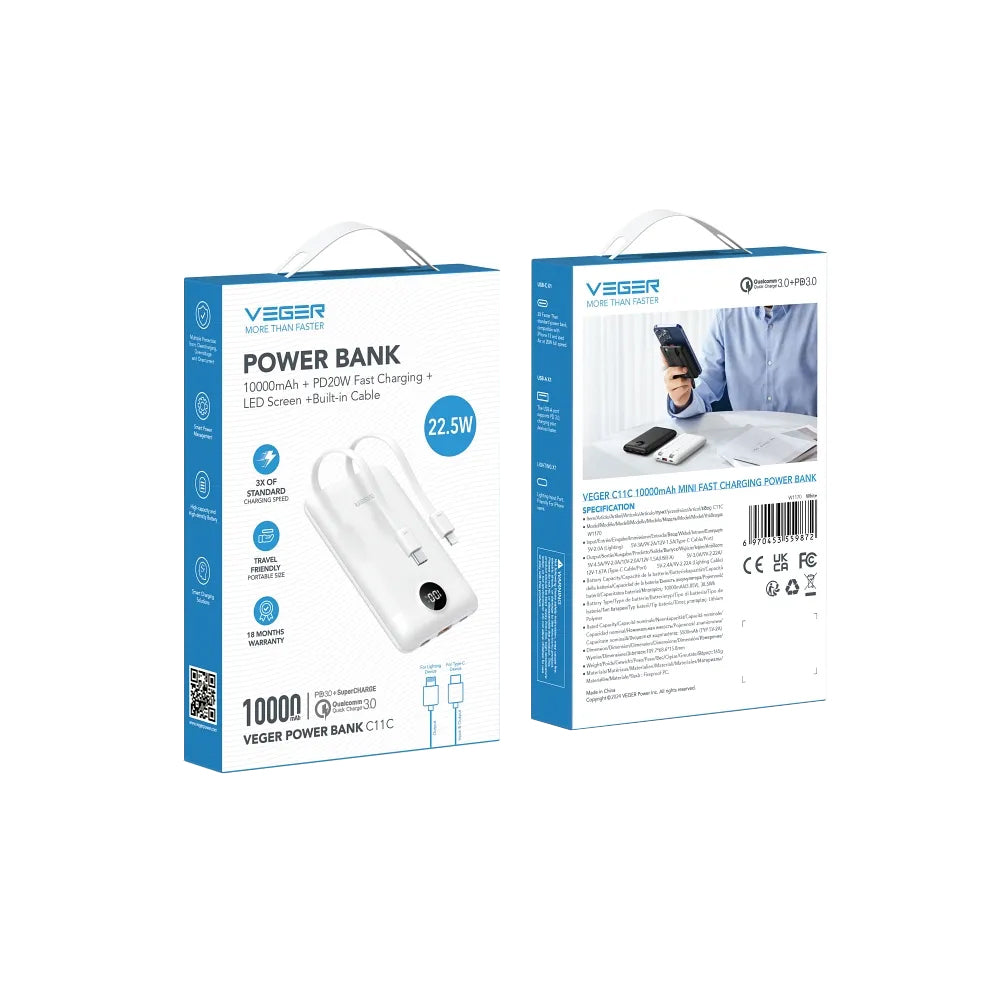 Externer Akku Veger C11C, 10000mAh, 22.5W, QC + PD, 1 x Lightning - 1 x USB-A - 2 x USB-C, Weiß