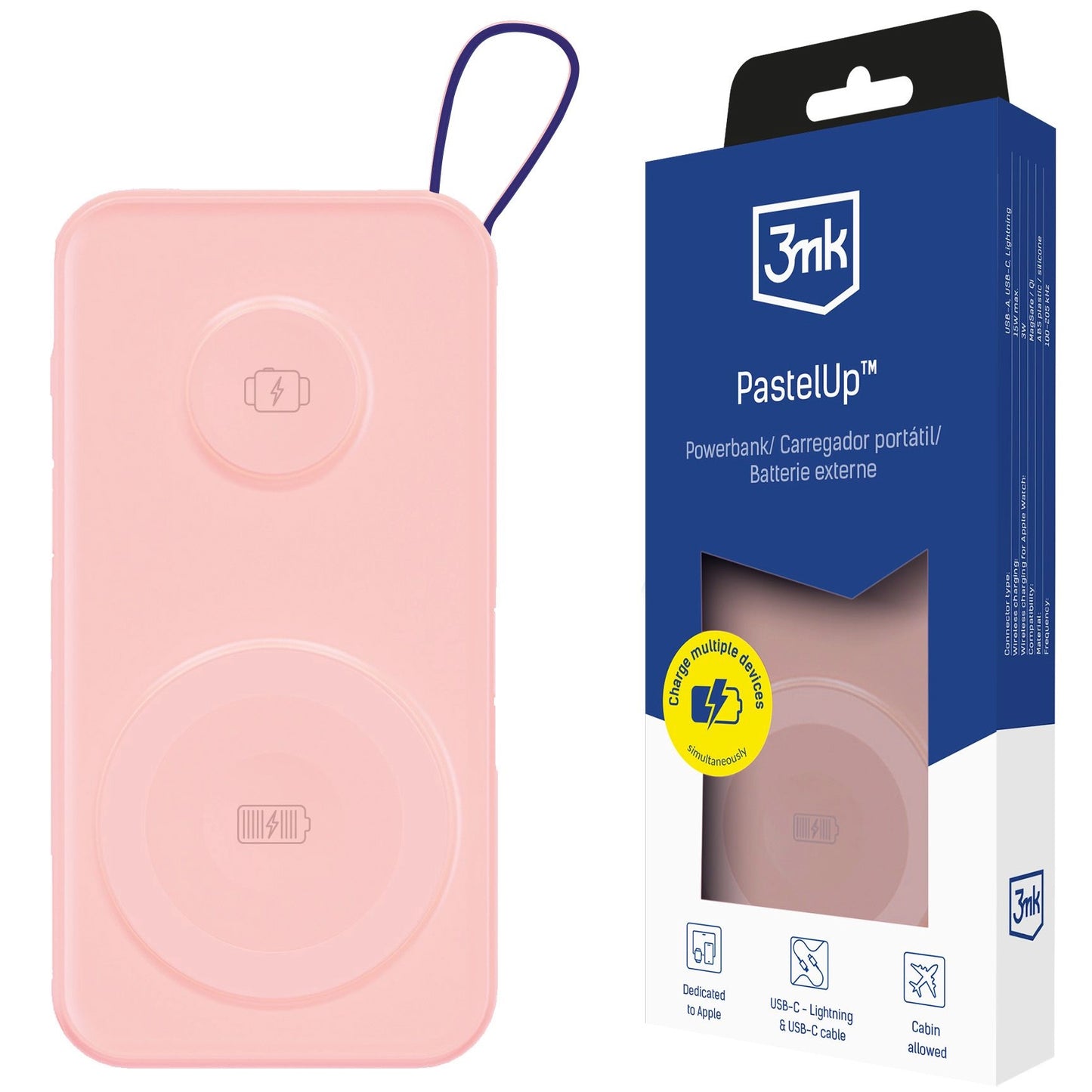 Batterie Externe Sans Fil 3MK PastelUp, 10000mAh, 22.5W, QC + PD + FQI, 1 x USB-A - 1 x USB-C - 2 x QI, Rose