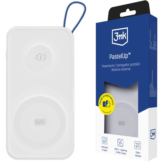 Batterie Externe Sans Fil 3MK PastelUp, 10000mAh, 22.5W, QC + PD + FQI, 1 x USB-A - 1 x USB-C - 2 x QI, Blanche