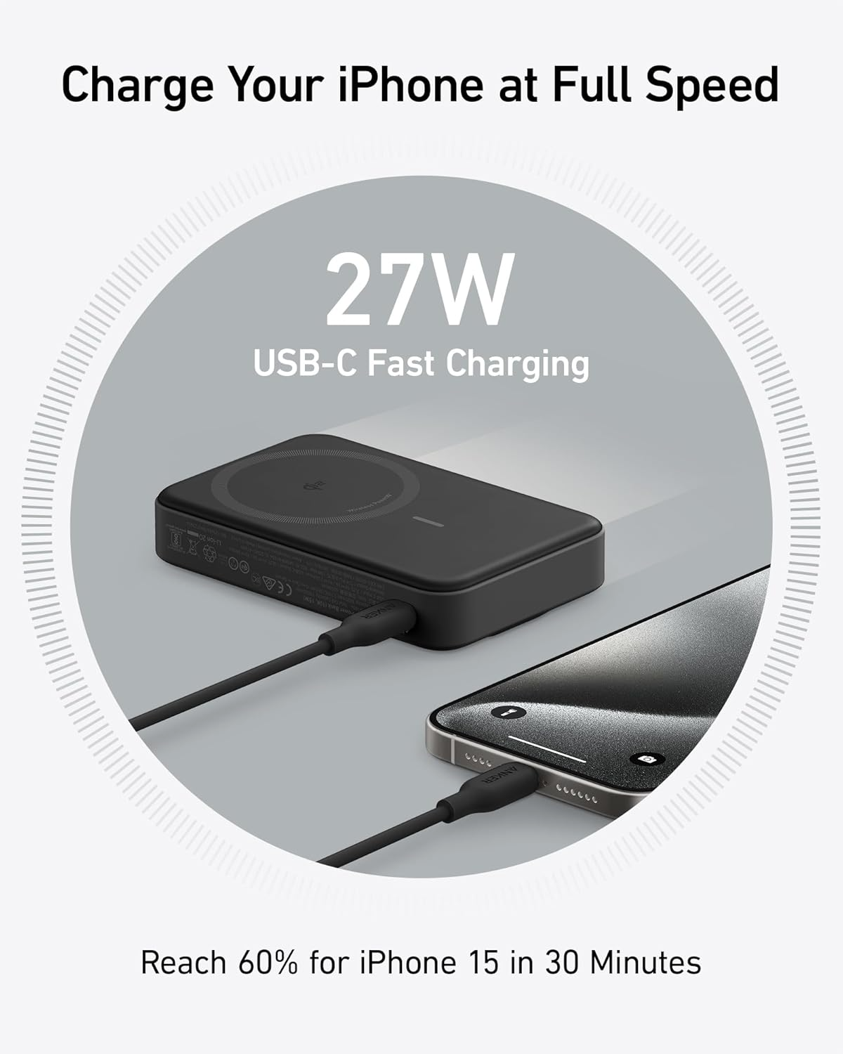 Externer Wireless Akku Anker MagGo, 10000mAh, 27W, PD + FQI, 1 x QI - 1 x USB-C, Schwarz A1654011
