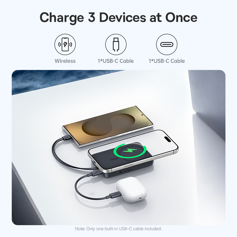 Baseus EnerFill FM11 kabellose Powerbank, 10000 mAh, 30 W, PD + FQI, 1 x Qi – 2 x USB-C, Schwarz E0028904