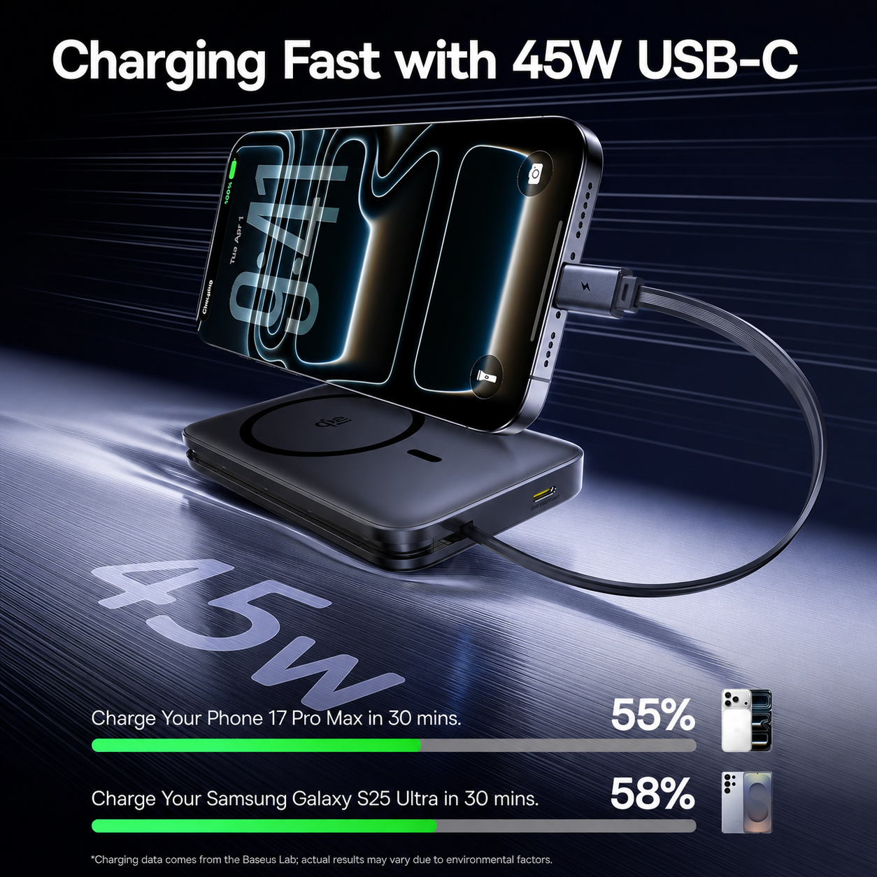 Batterie Externe Sans Fil Baseus PicoGo AM61, 10000mAh, 45W, PD + FQI, 1 x QI - 2 x USB-C, Noire E0028V00