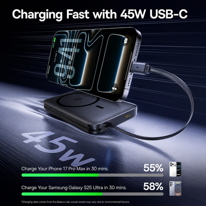 Batterie Externe Sans Fil Baseus PicoGo AM61, 10000mAh, 45W, PD + FQI, 1 x QI - 2 x USB-C, Noire E0028V00