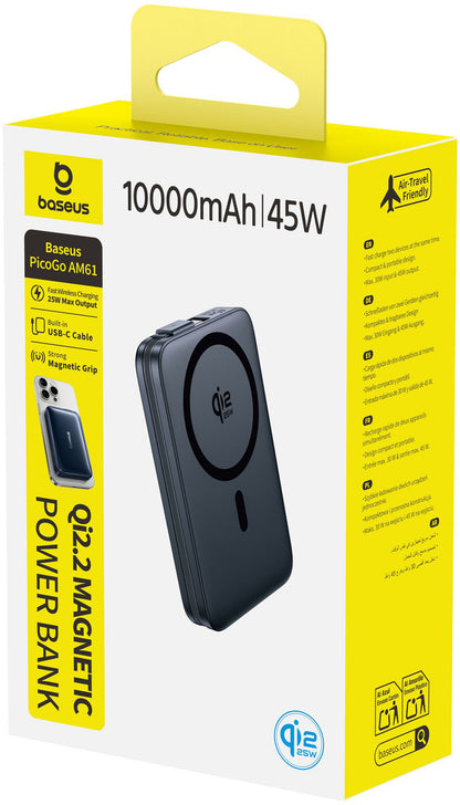 Batterie Externe Sans Fil Baseus PicoGo AM61, 10000mAh, 45W, PD + FQI, 1 x QI - 2 x USB-C, Noire E0028V00