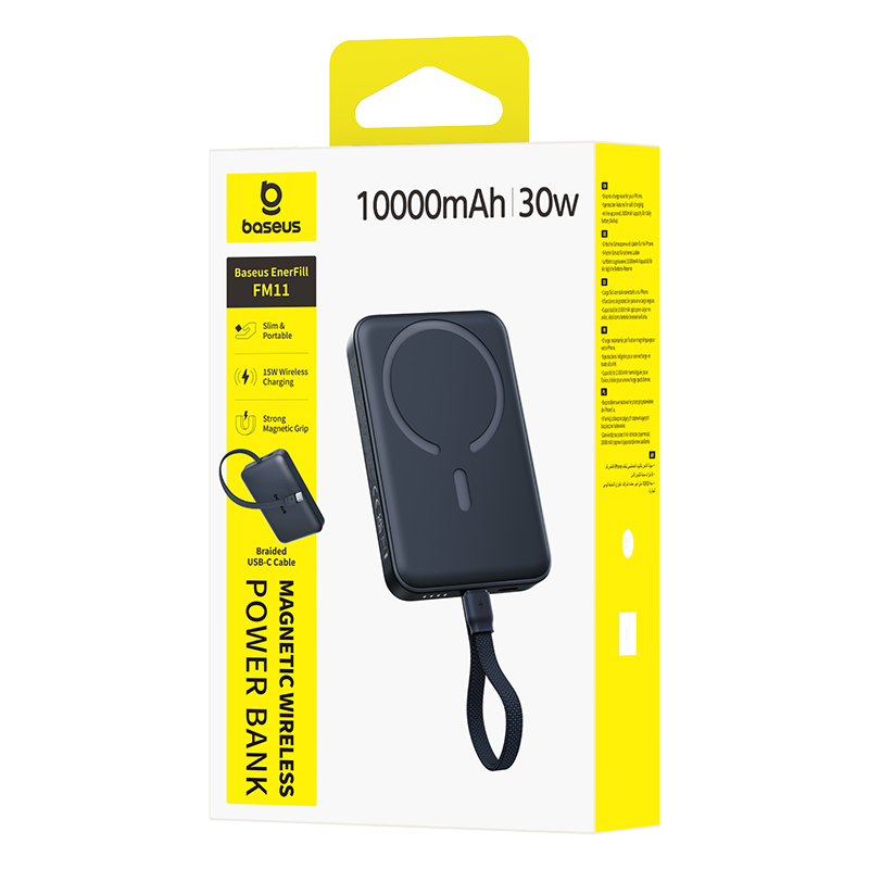 Baseus EnerFill FM11 kabellose Powerbank, 10000 mAh, 30 W, PD + FQI, 1 x Qi – 2 x USB-C, Schwarz E0028904
