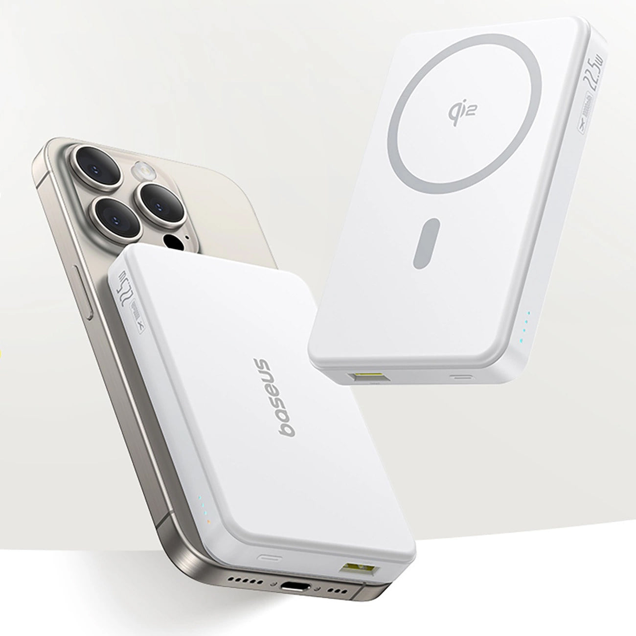 Batterie Externe Sans Fil Baseus Airpow2 Qi2, 10000mAh, 22.5W, QC + PD + FQI, 1 x QI - 1 x USB-A - 1 x USB-C, Blanche P10080000213-00