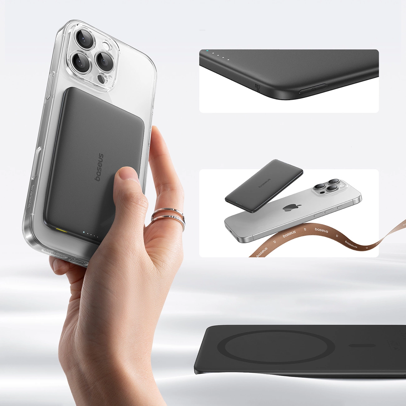 Externer Wireless-Akku Baseus PicoGo AM41, 5000mAh, 20W, PD + FQI, 1 x QI - 1 x USB-C, Schwarz