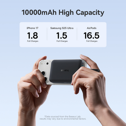 Baseus EnerFill FM11 kabellose Powerbank, 10000 mAh, 30 W, PD + FQI, 1 x Qi – 2 x USB-C, Schwarz E0028904
