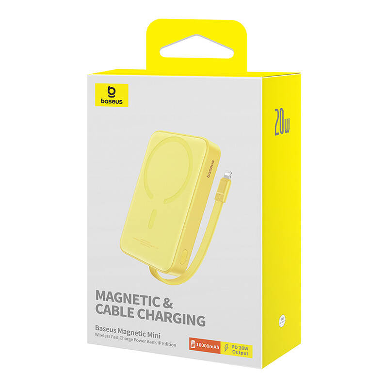 Batterie Externe Sans Fil Baseus Magnetic Mini, 10000mAh, 20W, PD + FQI, 1 x Lightning - 1 x QI - 1 x USB-C, Jaune P10022109Y23-00