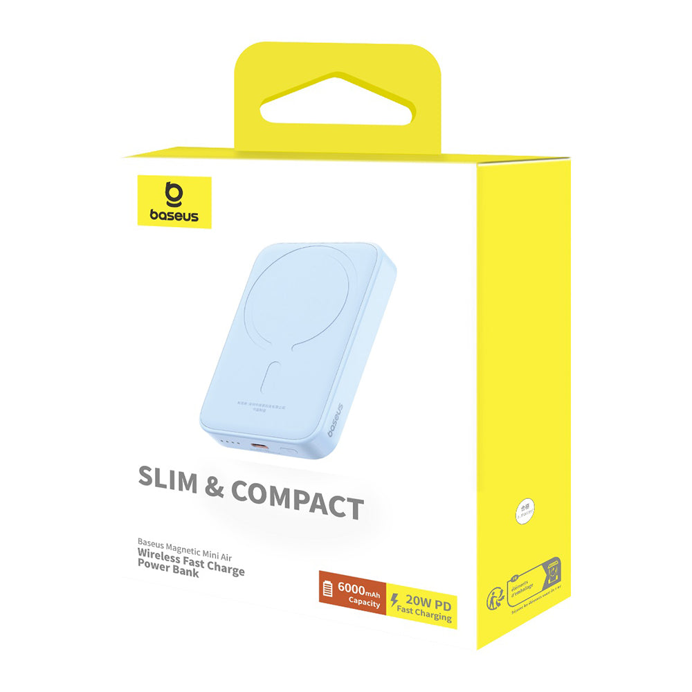 Batterie Externe Sans Fil Baseus Mini Air, 6000mAh, 20W, PD + FQI, 1 x QI - 1 x USB-C, Bleue P10059002313-00
