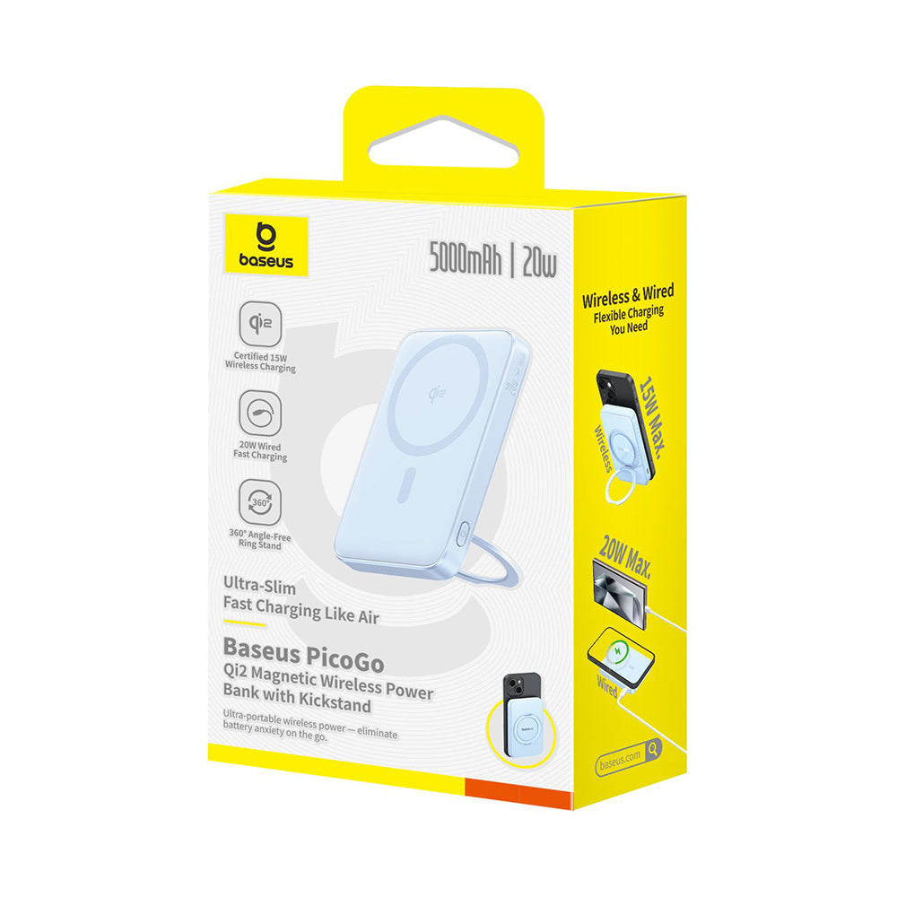 Externer Wireless-Akku Baseus PicoGo, 5000mAh, 20W, PD + FQI, 1 x QI - 1 x USB-C, Blau P10076800313-00