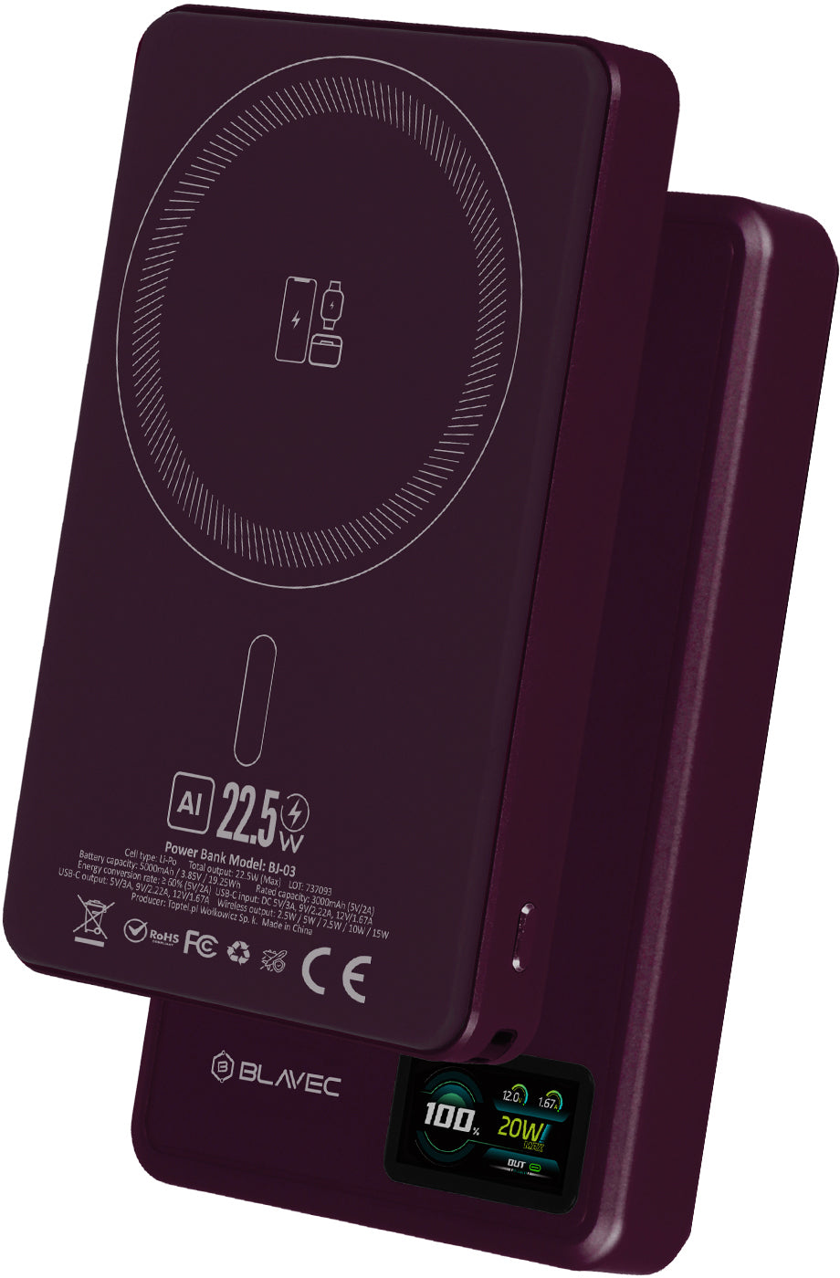 Batterie externe sans fil Blavec BJ-03 Slim, 10 000 mAh, 22,5 W, PD + FQI, 1 x QI - 1 x USB-C, violet