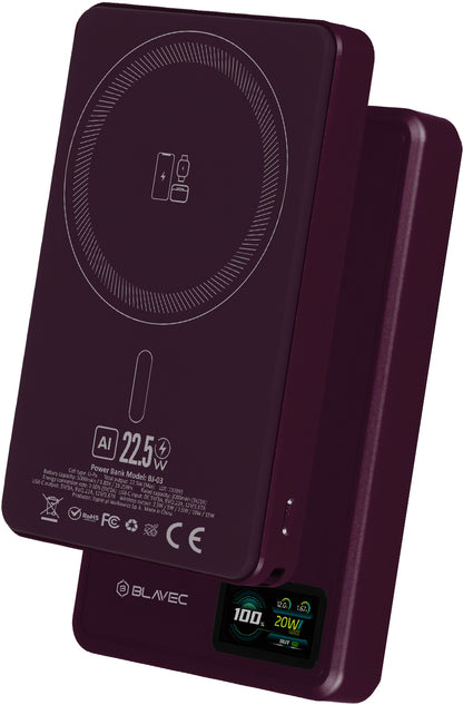 Batterie externe sans fil Blavec BJ-03 Slim, 10 000 mAh, 22,5 W, PD + FQI, 1 x QI - 1 x USB-C, violet