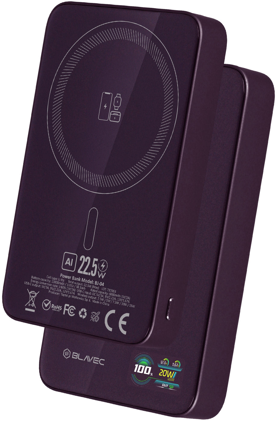 Blavec BJ-04 Slim kabellose Powerbank, 10000 mAh, 22,5 W, PD + FQI, 1 x QI – 1 x USB-C, Lila