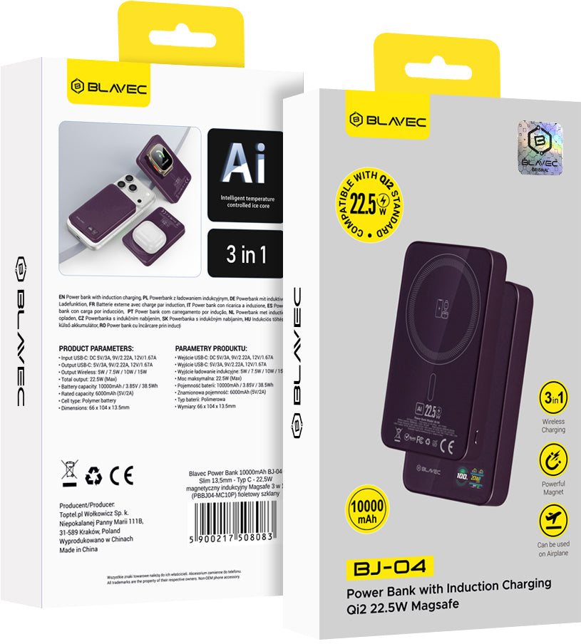 Blavec BJ-04 Slim kabellose Powerbank, 10000 mAh, 22,5 W, PD + FQI, 1 x QI – 1 x USB-C, Lila