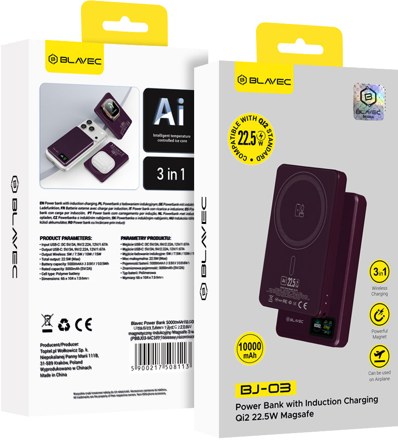 Batterie externe sans fil Blavec BJ-03 Slim, 10 000 mAh, 22,5 W, PD + FQI, 1 x QI - 1 x USB-C, violet