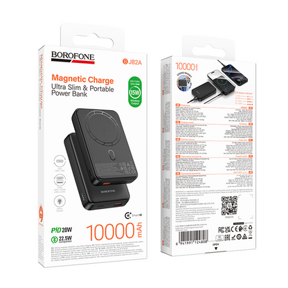 Externer Wireless-Akku Borofone BJ82A Dawn, 10000mAh, 22.5W, QC + PD + FQI, 1 x QI - 1 x USB-A - 1 x USB-C, Schwarz
