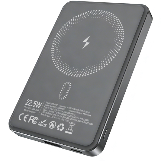 Batterie Externe Sans Fil BWOO BO-P82, 10000mAh, 22,5W, PD + FQI, 1 x QI - 1 x USB-C, Gris