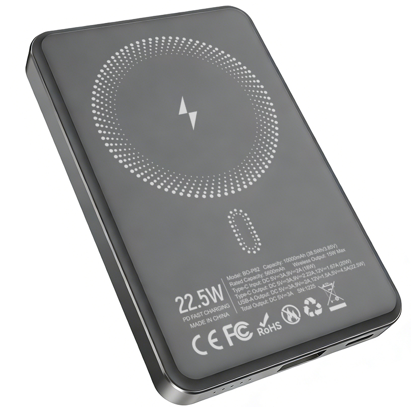 Batterie Externe Sans Fil BWOO BO-P82, 10000mAh, 22,5W, PD + FQI, 1 x QI - 1 x USB-C, Gris