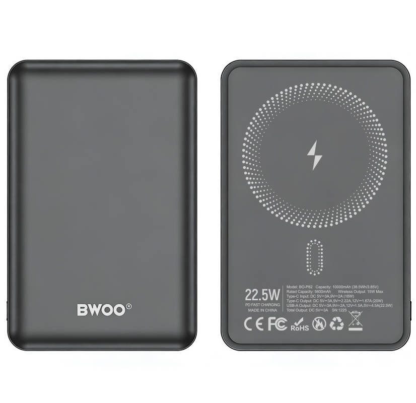 Batterie Externe Sans Fil BWOO BO-P82, 10000mAh, 22,5W, PD + FQI, 1 x QI - 1 x USB-C, Gris