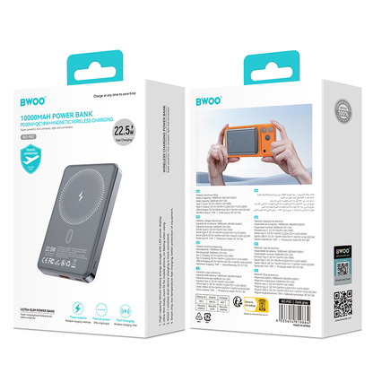 Batterie Externe Sans Fil BWOO BO-P82, 10000mAh, 22,5W, PD + FQI, 1 x QI - 1 x USB-C, Gris