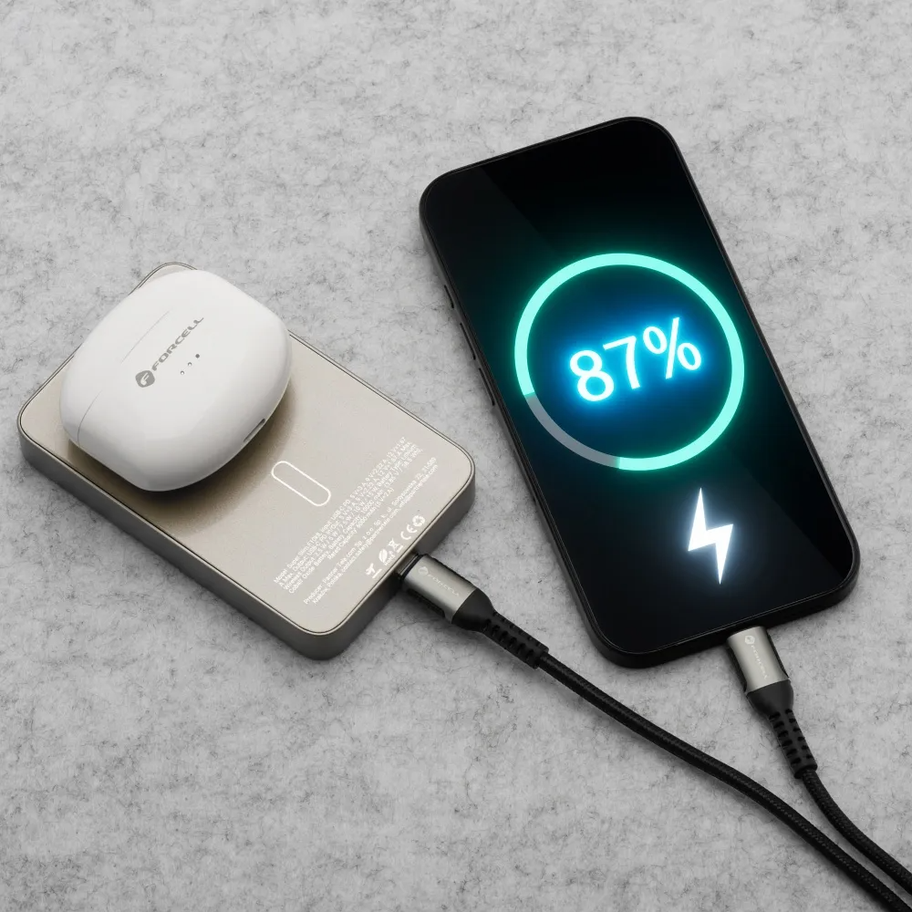 Batterie Externe Sans Fil Forcell F5K8, 5000mAh, 15W, PD + FQI, 1 x QI - 1 x USB-C, Dorée