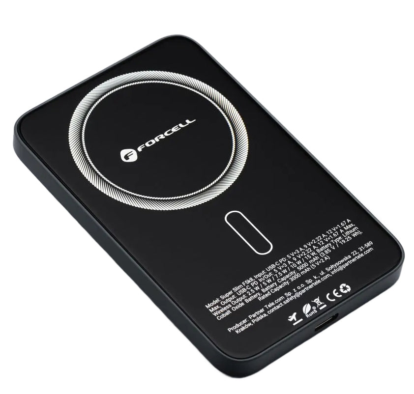 Externer Wireless-Akku Forcell F5K8, 5000mAh, 15W, PD + FQI, 1 x QI - 1 x USB-C, Schwarz