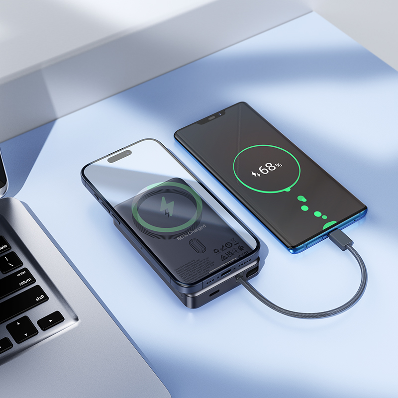 Wireless Externe Batterie HOCO Q44, 10000mAh, 20W, PD + FQI, 1 x QI - 2 x USB-C, Grau