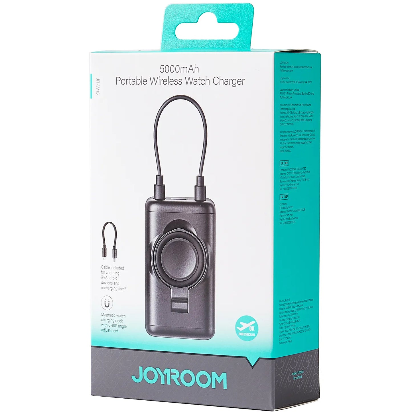 Batterie Externe Sans Fil Joyroom JR-W13, 5000mAh, 18W, PD + QI, 1 x Lightning - 1 x QI - 1 x USB-C, Noire