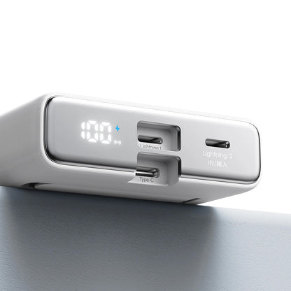 Batterie Externe Sans Fil Joyroom JR-PBM01, 10000mAh, 20W, QC + PD + FQI, 1 x Lightning - 1 x QI - 1 x USB-C, Blanche