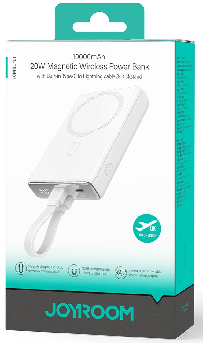 Batterie Externe Sans Fil Joyroom JR-PBM01, 10000mAh, 20W, QC + PD + FQI, 1 x Lightning - 1 x QI - 1 x USB-C, Blanche