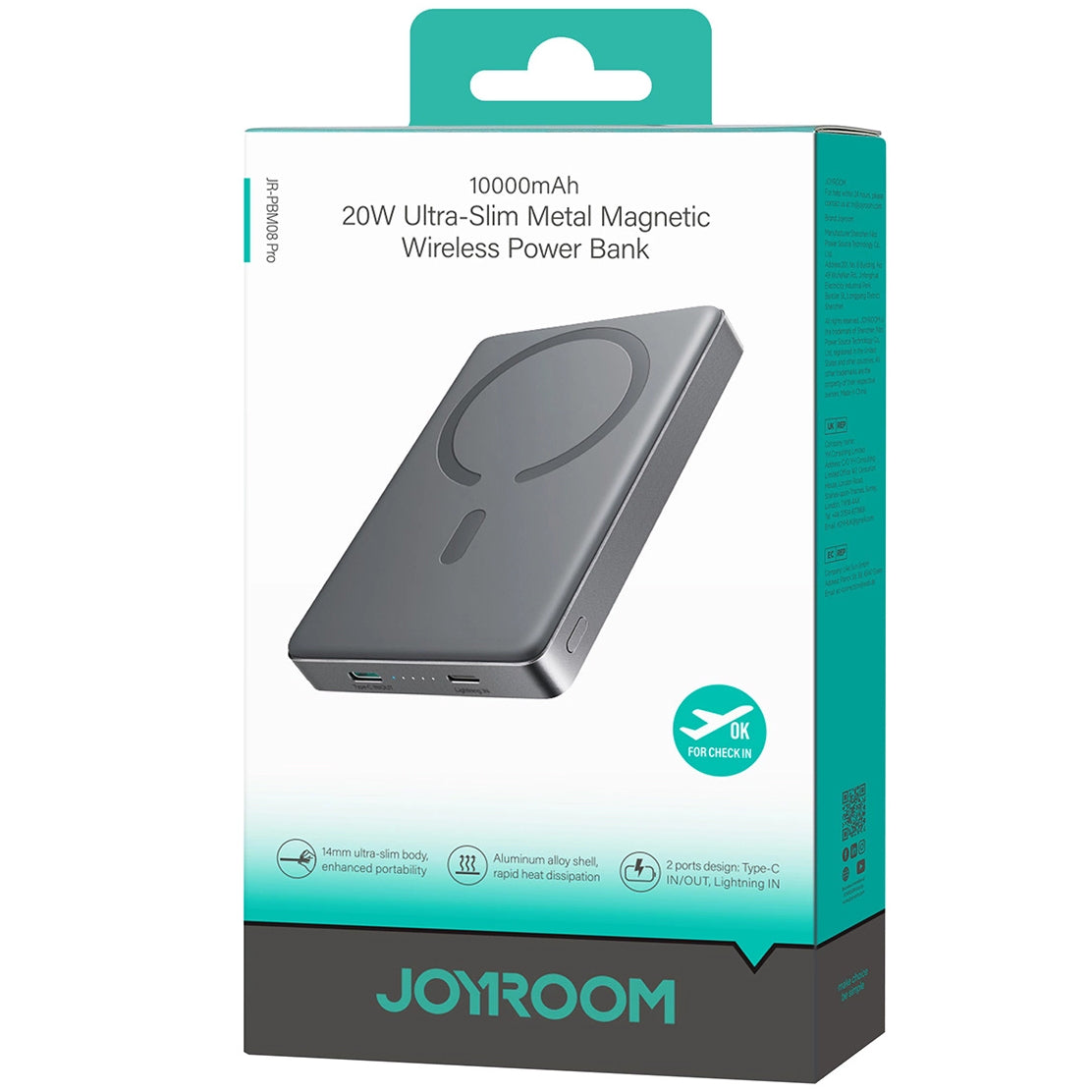 Batterie Externe Sans Fil Joyroom JR-PBM08 Pro, 10000mAh, 20W, PD + FQI, 1 x QI - 1 x USB-C, Gris