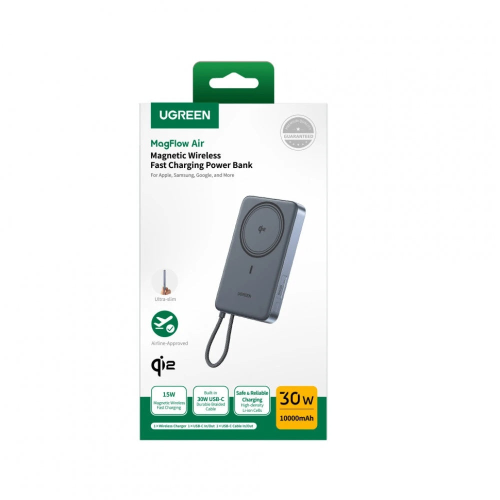 Batterie externe sans fil UGREEN PB570 (75982B), 10 000 mAh, 30 W, PD + FQI, 1 x Qi - 2 x USB-C, grise