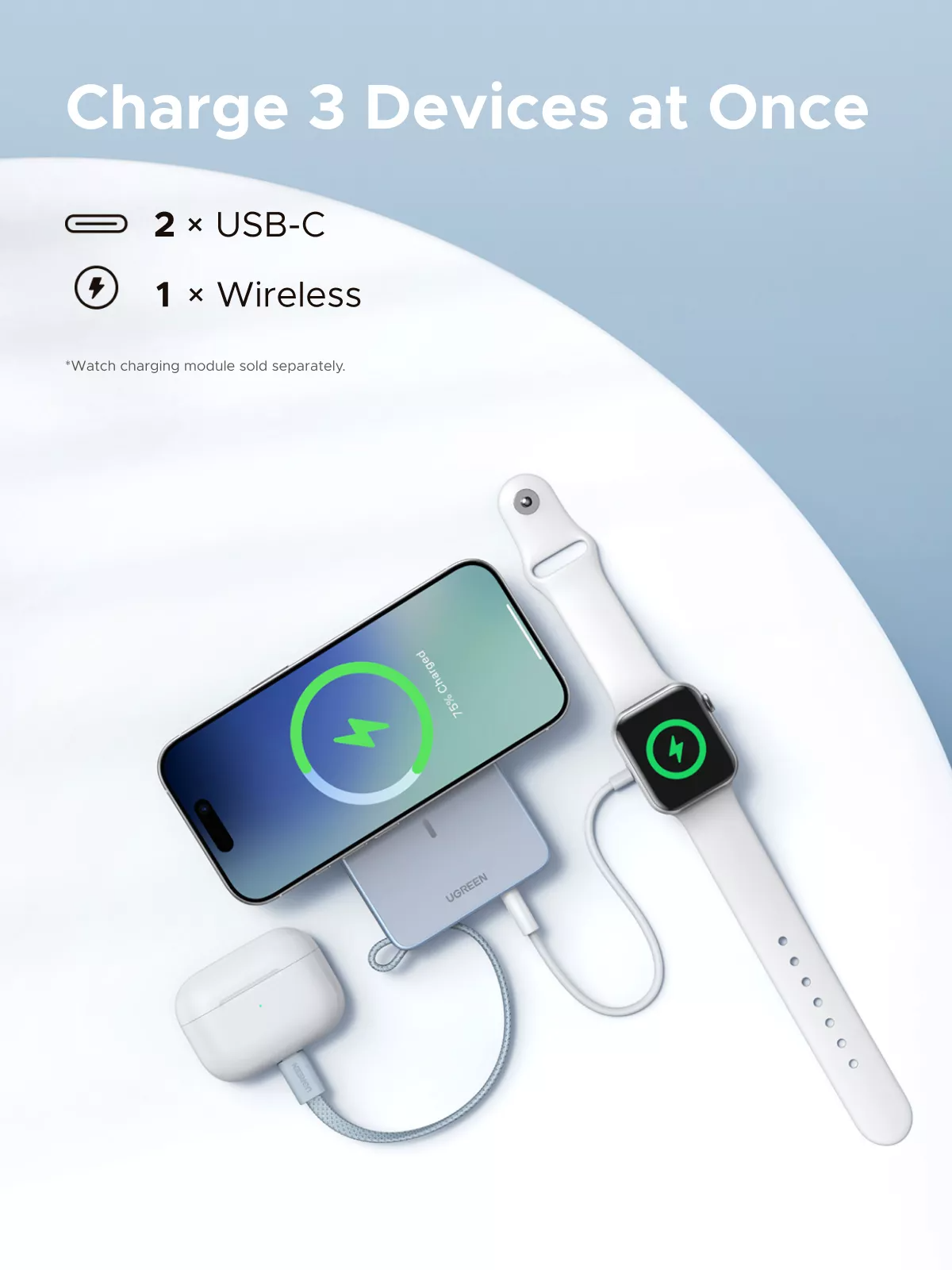 Wireless Powerbank UGREEN MagFlow PB773 (65958), 10000mAh, 25W, PD + FQI, 1 x QI - 2 x USB-C, Blau