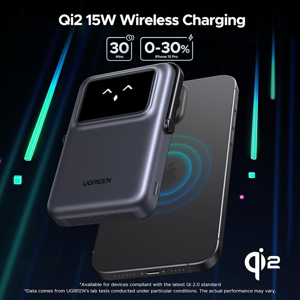 Externer Wireless-Akku UGREEN PB764 Uno, 10000mAh, 20W, PD + FQI, 1 x QI - 1 x USB-C, Grau