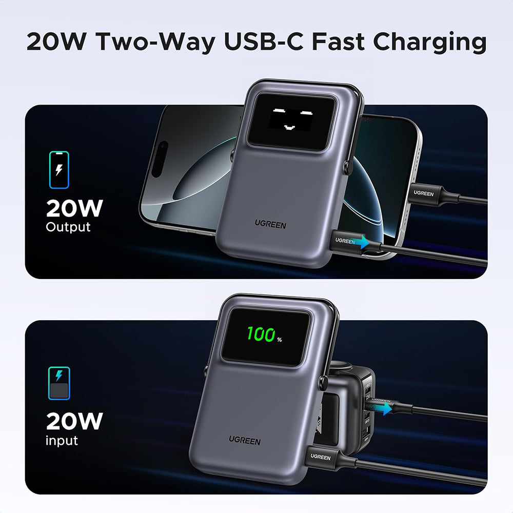 Externer Wireless-Akku UGREEN PB764 Uno, 10000mAh, 20W, PD + FQI, 1 x QI - 1 x USB-C, Grau