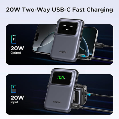 Externer Wireless-Akku UGREEN PB764 Uno, 10000mAh, 20W, PD + FQI, 1 x QI - 1 x USB-C, Grau