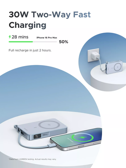 Wireless Powerbank UGREEN MagFlow PB773 (65958), 10000mAh, 25W, PD + FQI, 1 x QI - 2 x USB-C, Blau