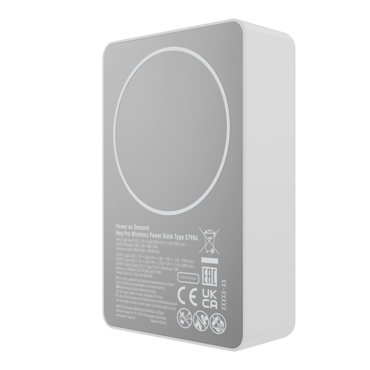 Batterie Externe Sans Fil Varta Mag Pro, 10000mAh, 20W, 1 x QI - 2 x USB-C, Blanche