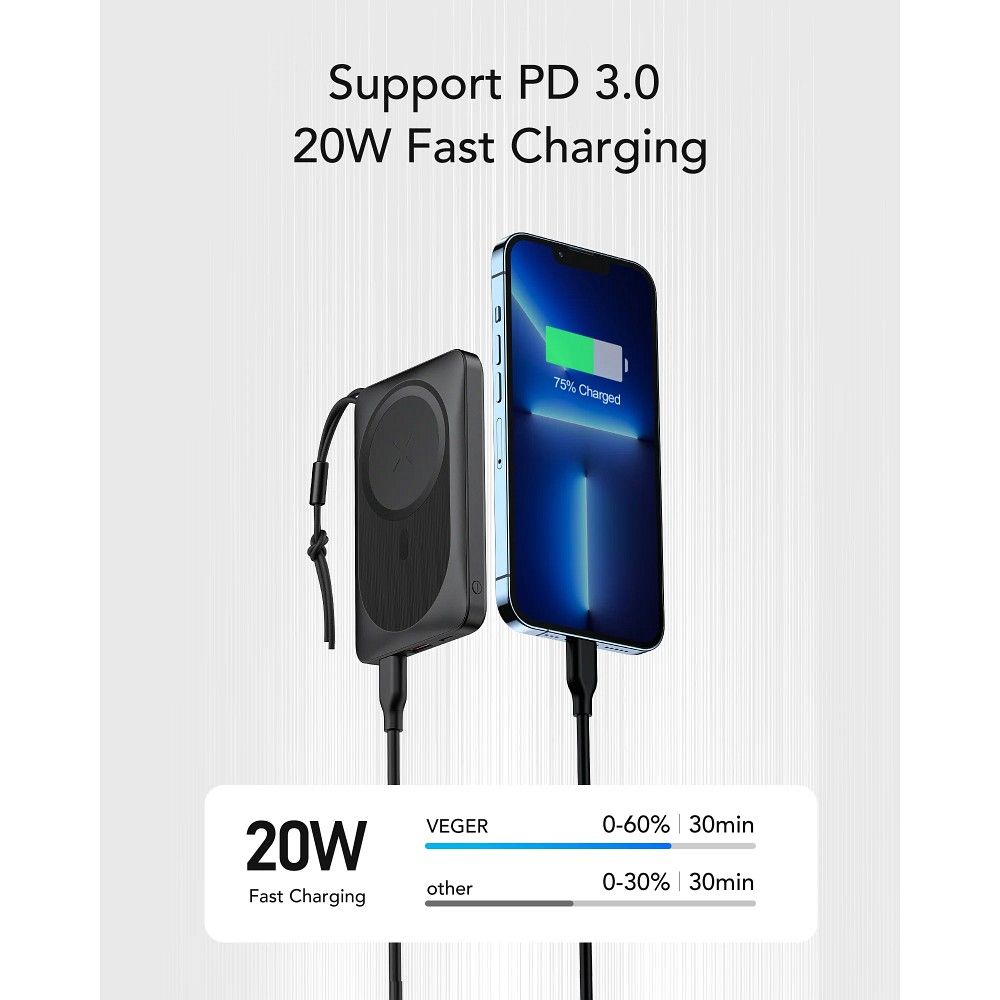 Batterie Externe Sans Fil Veger VP1151 / W1151, 10000mAh, 22.5W, QC + PD + FQI, 1 x QI - 1 x USB-A - 1 x USB-C, Noire