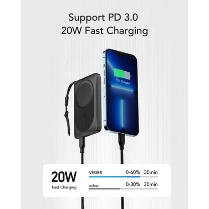 Batterie Externe Sans Fil Veger VP1151 / W1151, 10000mAh, 22.5W, QC + PD + FQI, 1 x QI - 1 x USB-A - 1 x USB-C, Noire