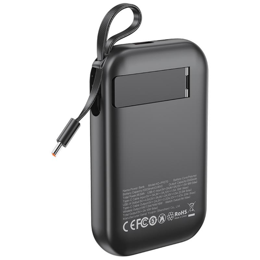 Batterie Externe Sans Fil XO Design PR270, 10000mAh, 22.5W, QC + PD + QI, 1 x QI - 1 x USB-A - 1 x USB-C, Noire