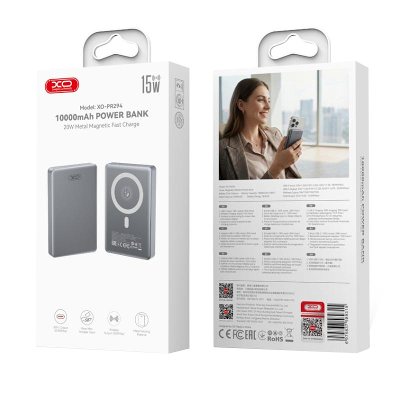 Batterie Externe Sans Fil XO Design PR294, 10000mAh, 20W, PD + FQI, 1 x QI - 1 x USB-C, Gris