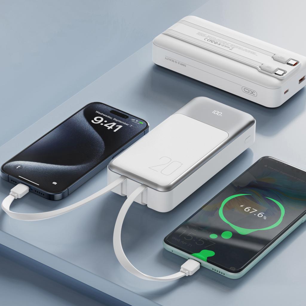 Externer Akku XO Design PR249, 20000mAh, 22.5W, QC + PD, 1 x Lightning - 1 x USB-A - 2 x USB-C, Weiß