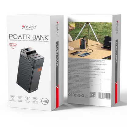 Batterie Externe Yesido YP62, 30000mAh, 22,5W, QC + PD, 2 x USB-A - 2 x USB-C, Noire