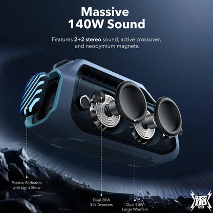 Tragbarer Bluetooth-Lautsprecher Anker Soundcore Boom 2 Plus, 140 W, RGB, wasserdicht, blau A3134031 